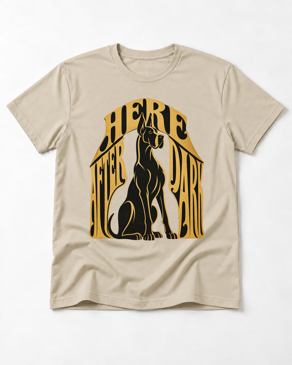 Great Dane Here After Dark T-Shirt in Sand, flat lay product photo