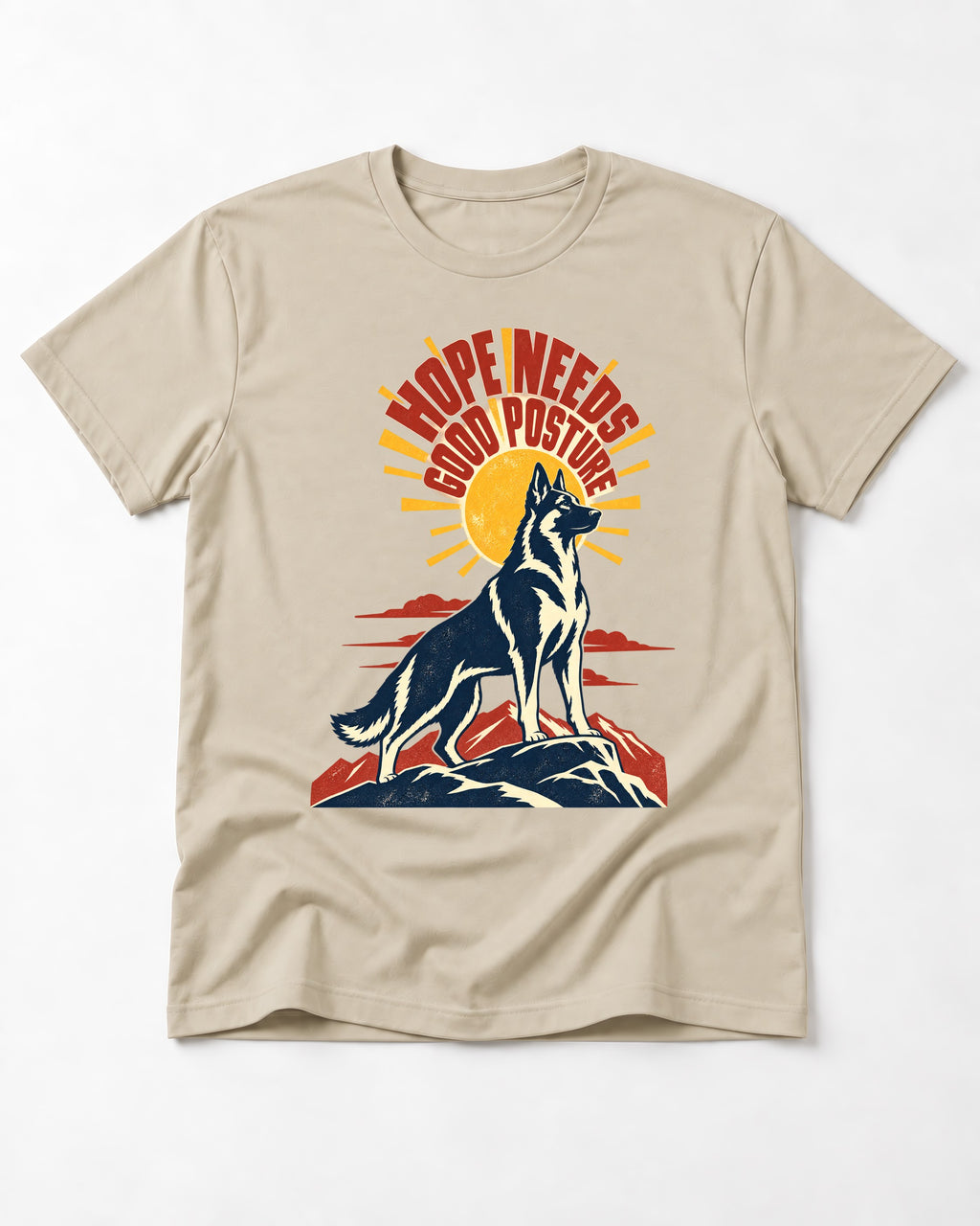 Hope Needs Good Posture German Shepherd Dog T-Shirt in Sand, flat lay product photo
