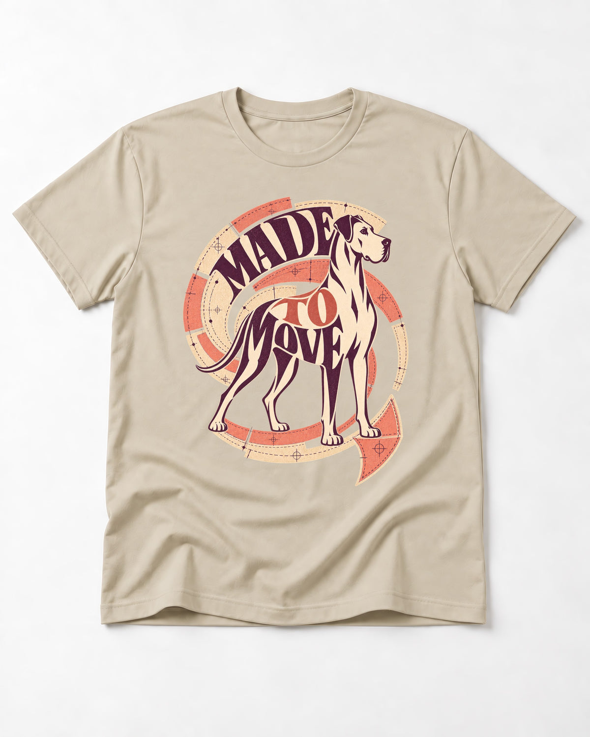 Great Dane Made to Move T-Shirt in Sand, flat lay product photo