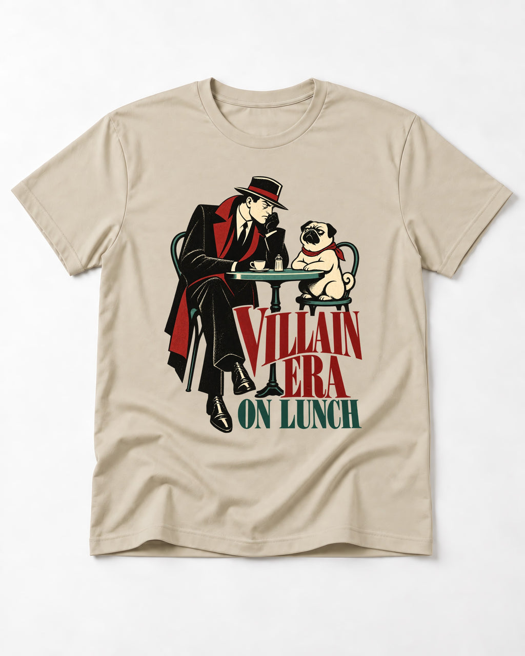 Pug Villain Era T-Shirt in Sand, flat lay product photo