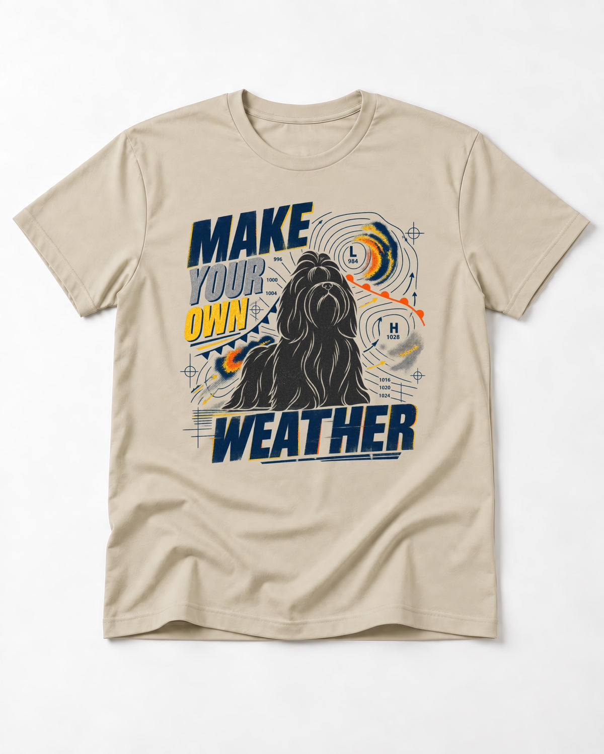 Shih Tzu Make Your Own Weather T-Shirt in Sand, flat lay product photo