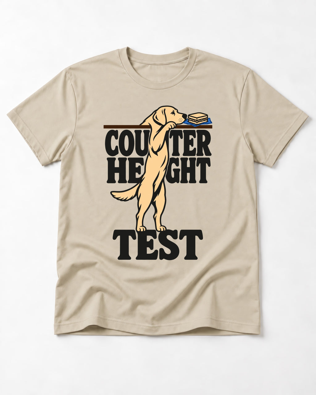 Labrador Retriever Counter Height Test T-Shirt in Sand, flat lay product photo