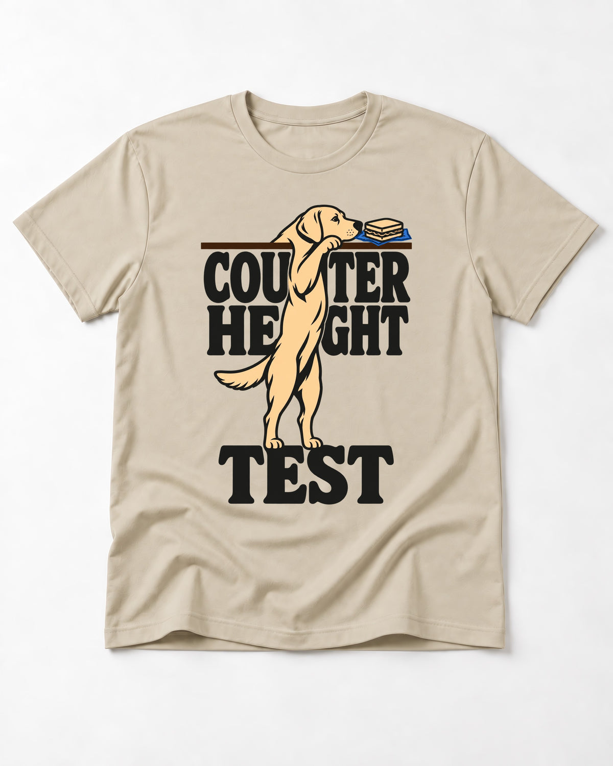 Labrador Retriever Counter Height Test T-Shirt in Sand, flat lay product photo