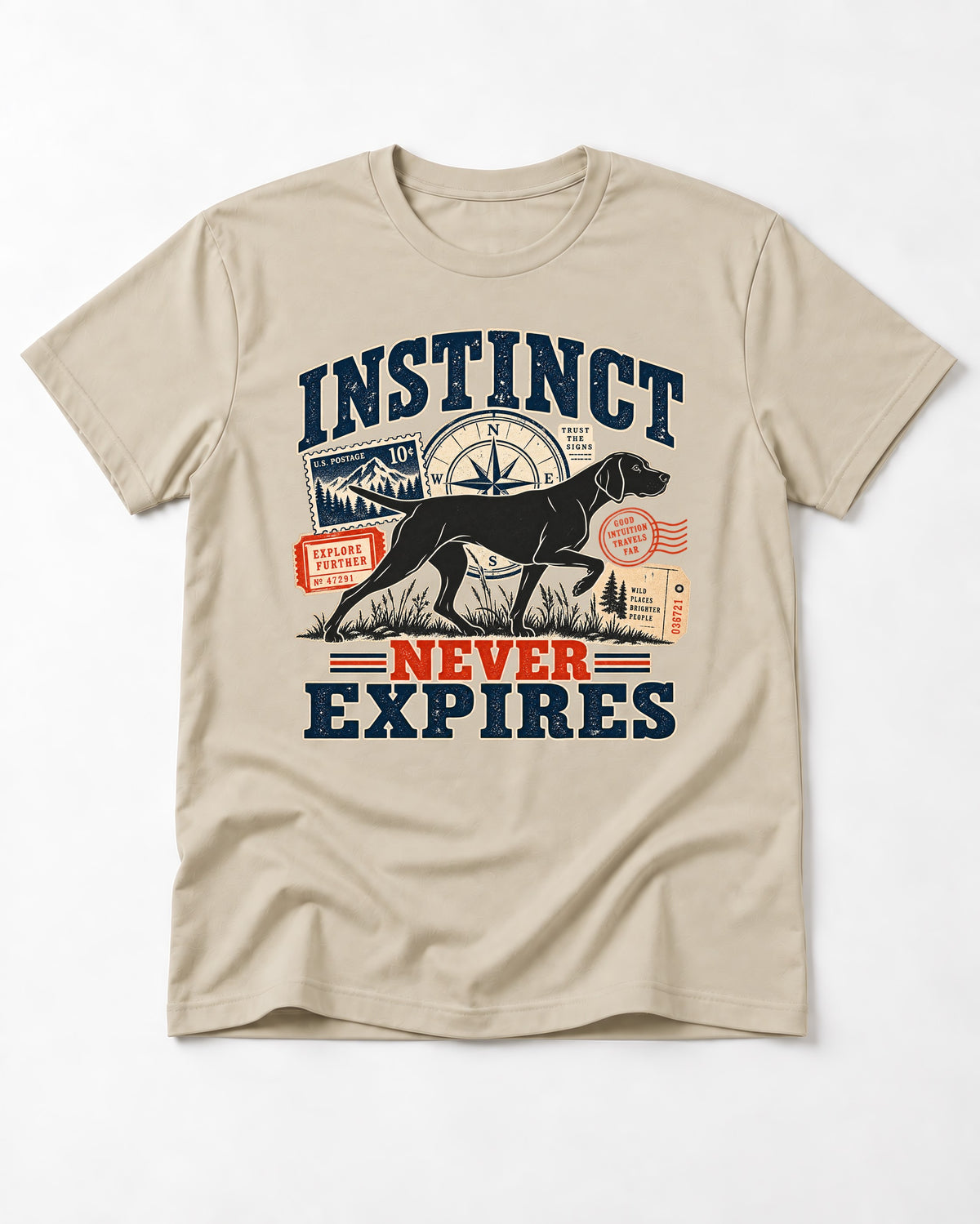 German Shorthaired Pointer Instinct Never Expires T-Shirt in Sand, flat lay product photo