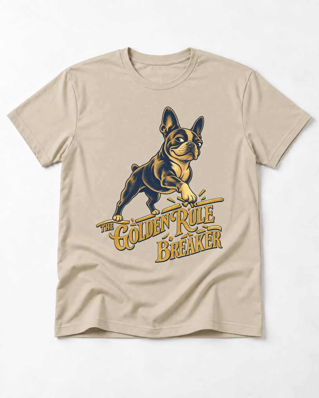Boston Terrier Golden Rule Breaker T-Shirt in Sand, flat lay product photo