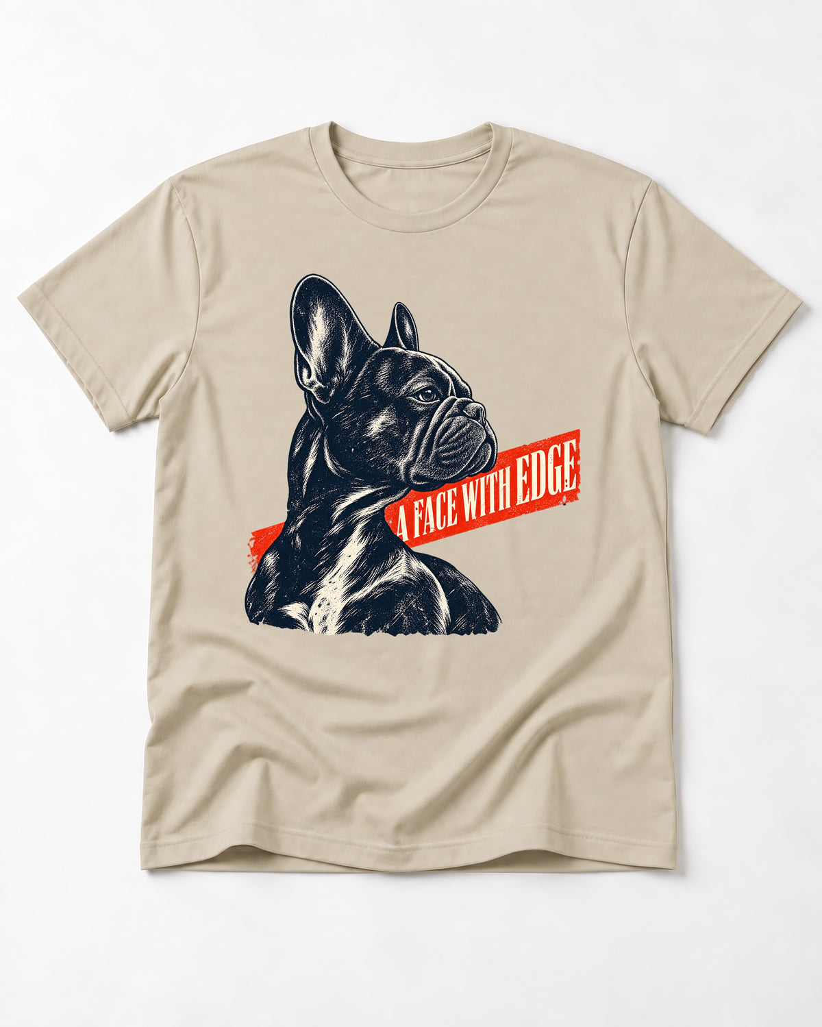 Frenchie Face with Edge T-Shirt in Sand, flat lay product photo