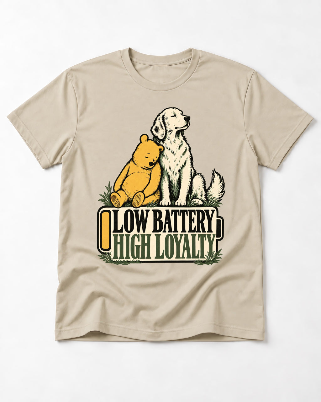 Golden Retriever Low Battery High Loyalty T-Shirt in Sand, flat lay product photo