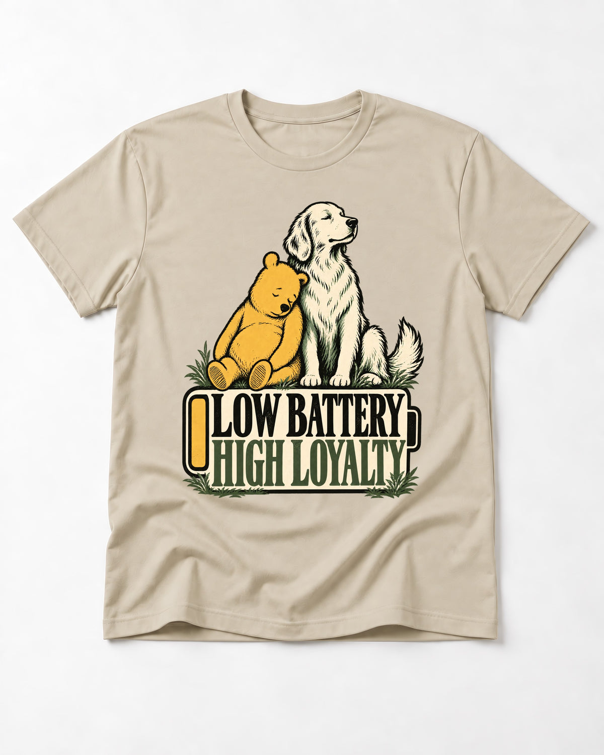 Golden Retriever Low Battery High Loyalty T-Shirt in Sand, flat lay product photo