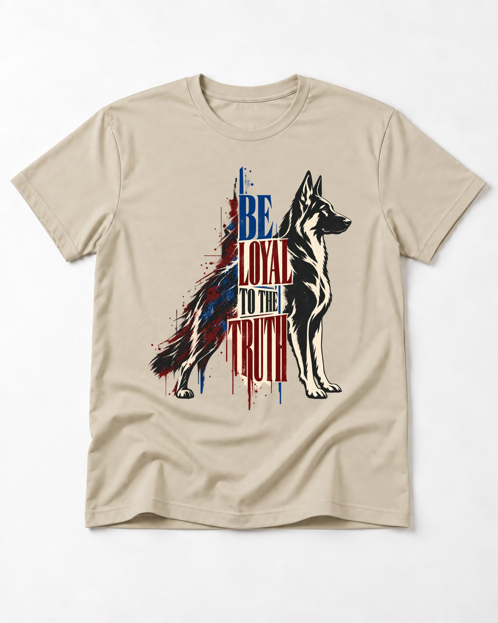 Loyal to the Truth German Shepherd Dog T-Shirt in Sand, flat lay product photo
