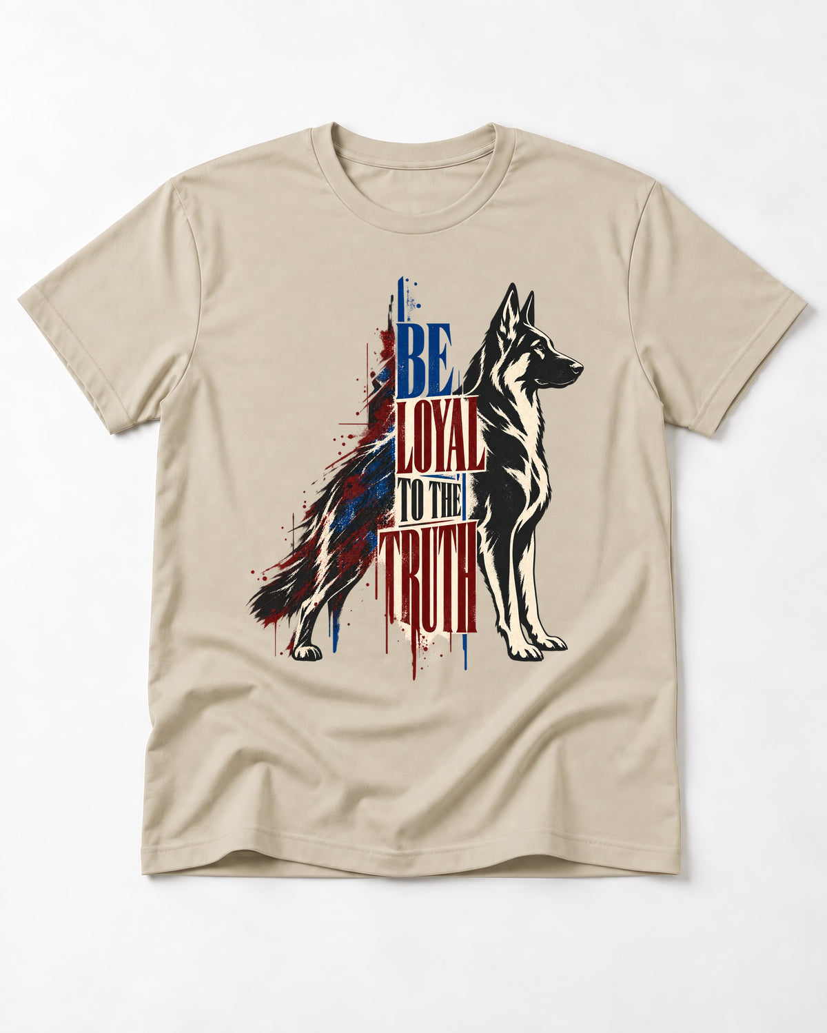 Loyal to the Truth German Shepherd Dog T-Shirt in Sand, flat lay product photo