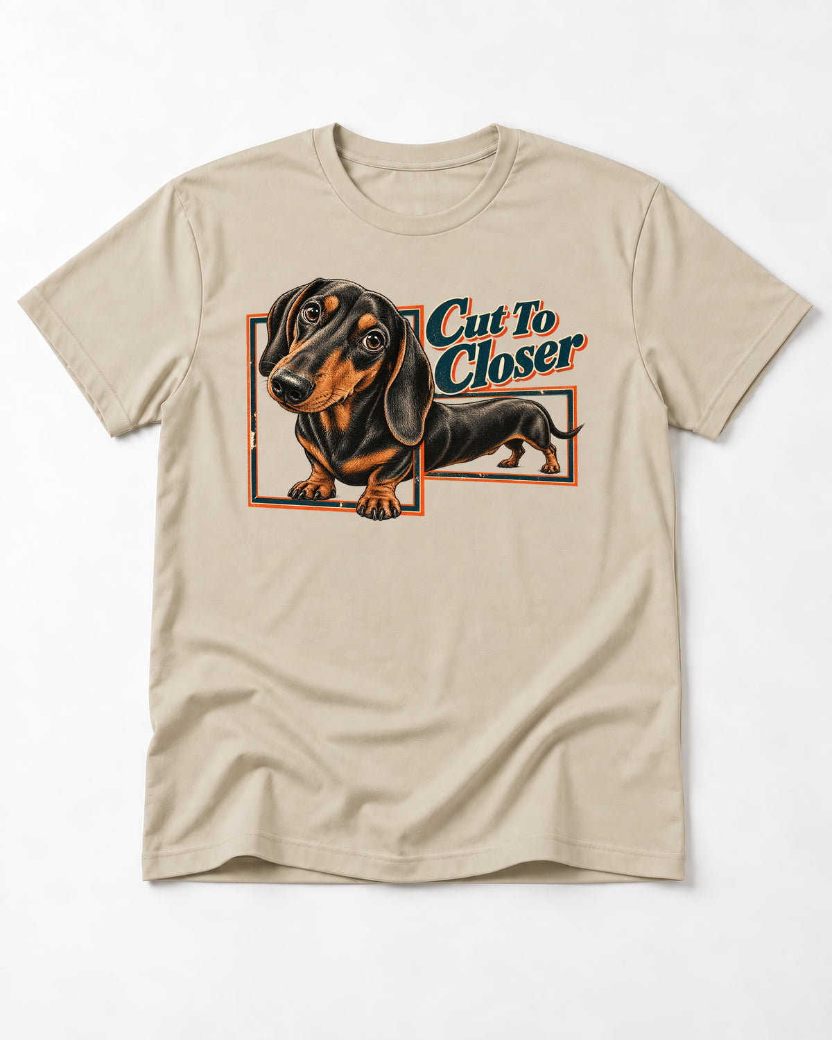 Dachshund Cut to Closer T-Shirt in Sand, flat lay product photo