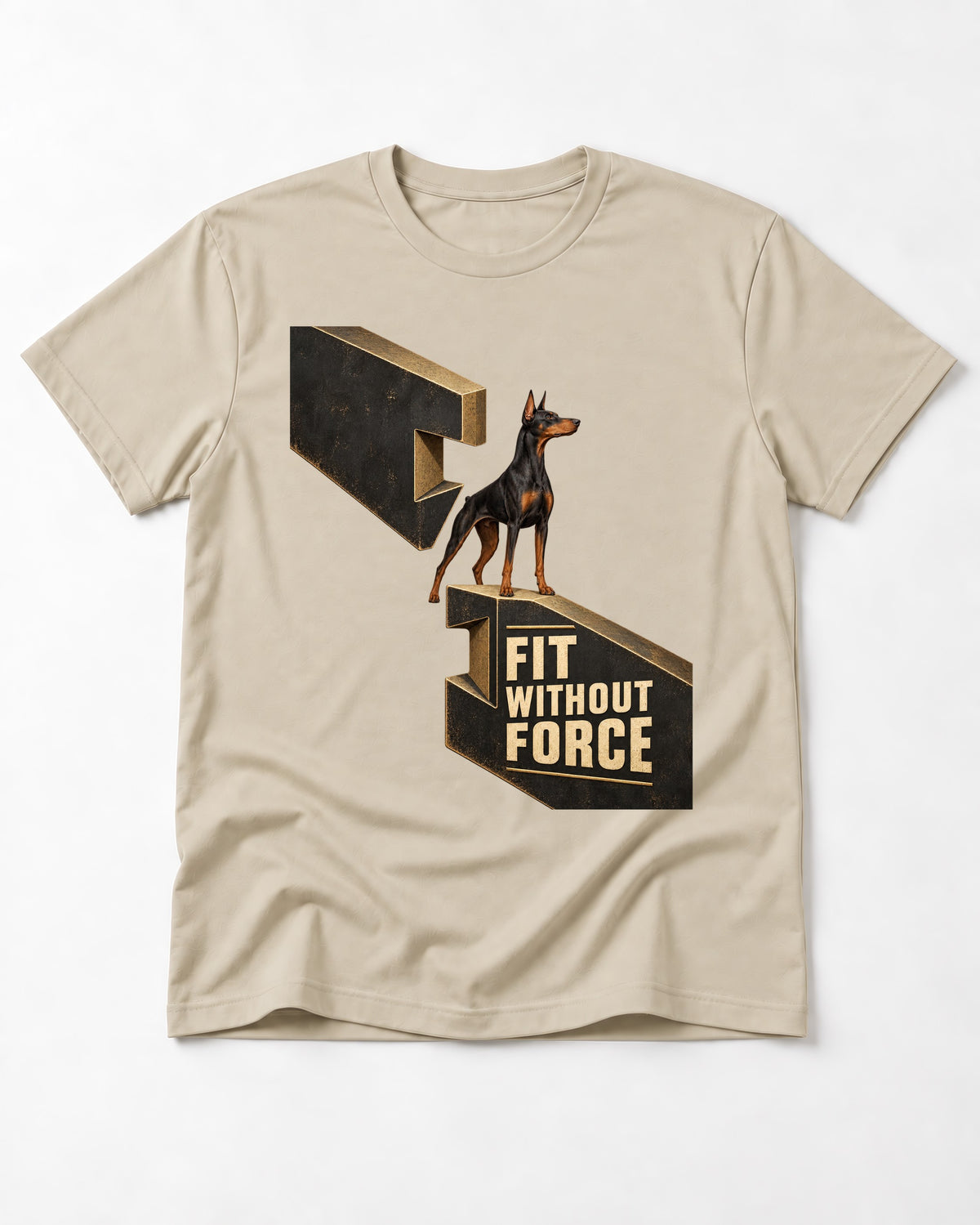 Doberman Fit Without Force T-Shirt in Sand, flat lay product photo