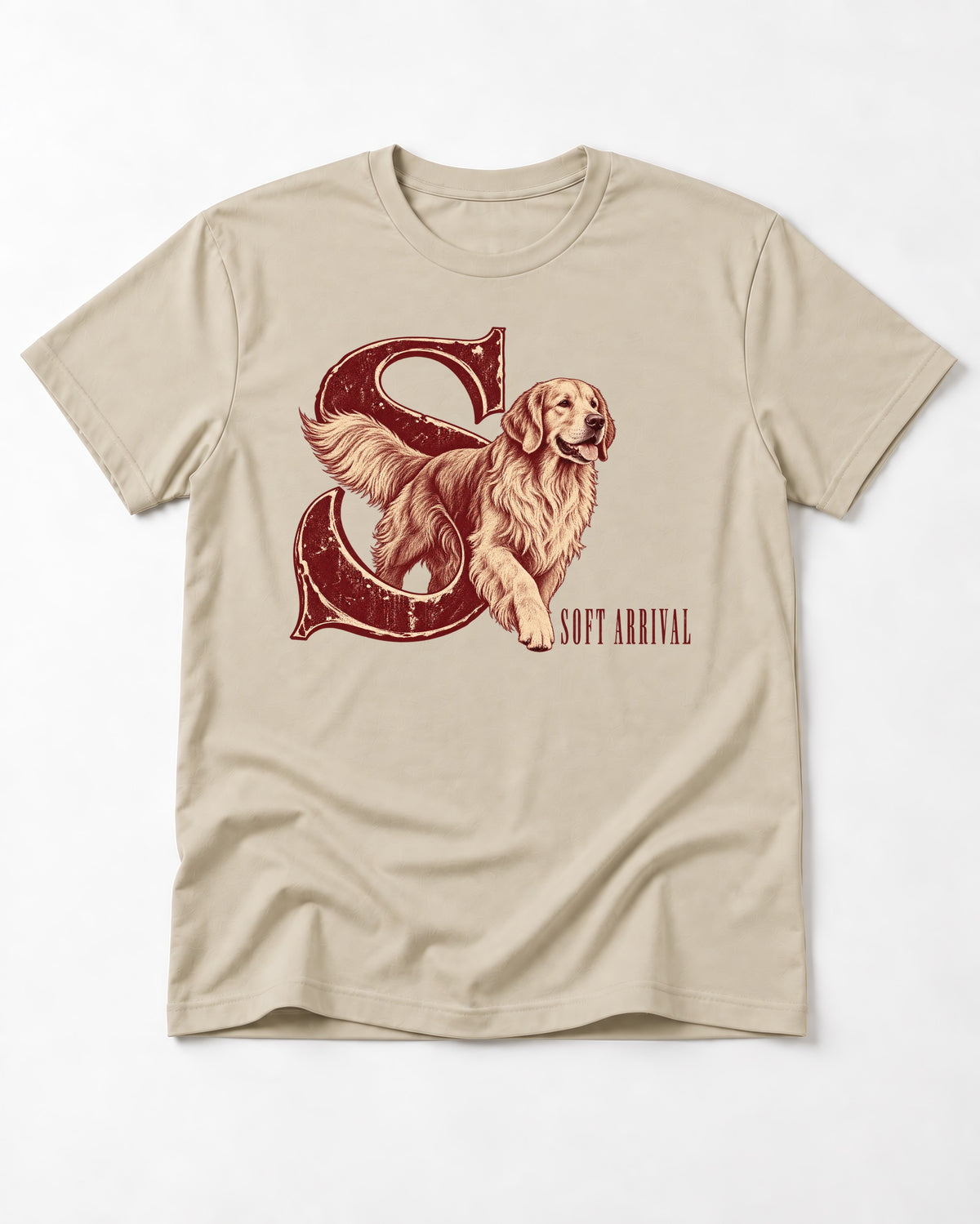 Soft Arrival Golden Retriever T-Shirt in Sand, flat lay product photo