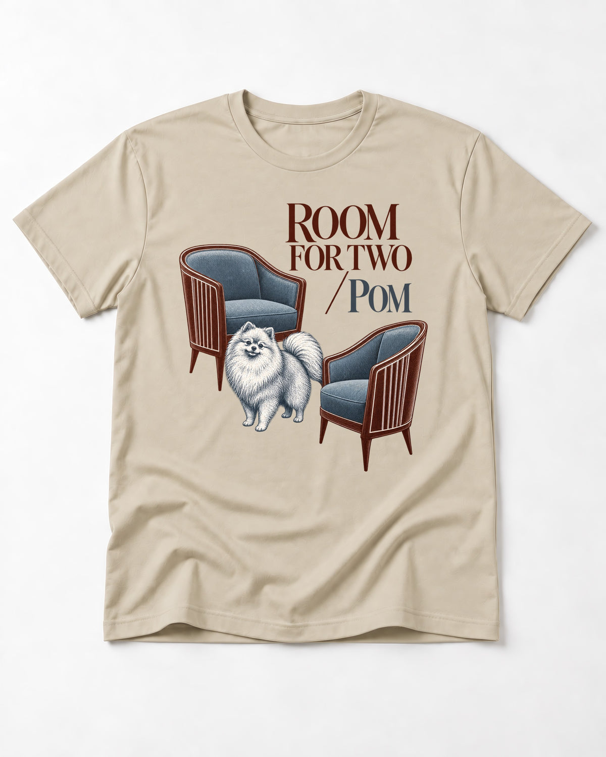 Room for Two with Pomeranian T-Shirt in Sand, flat lay product photo