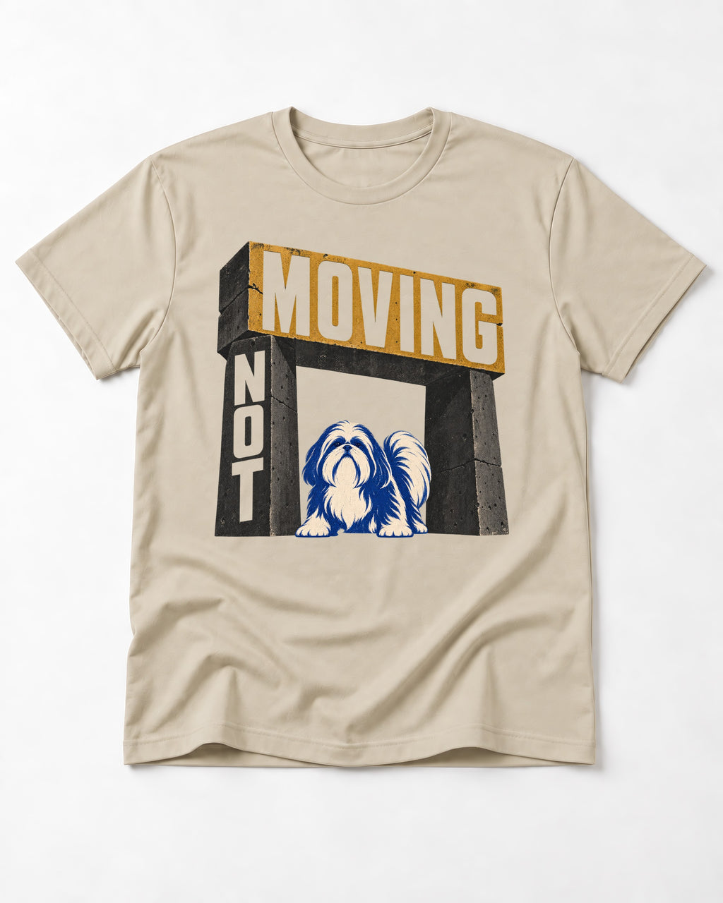 Not Moving Shih Tzu T-Shirt in Sand, flat lay product photo
