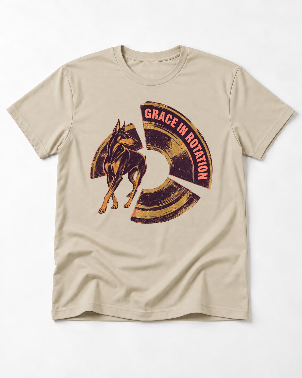 Doberman Grace in Rotation T-Shirt in Sand, flat lay product photo