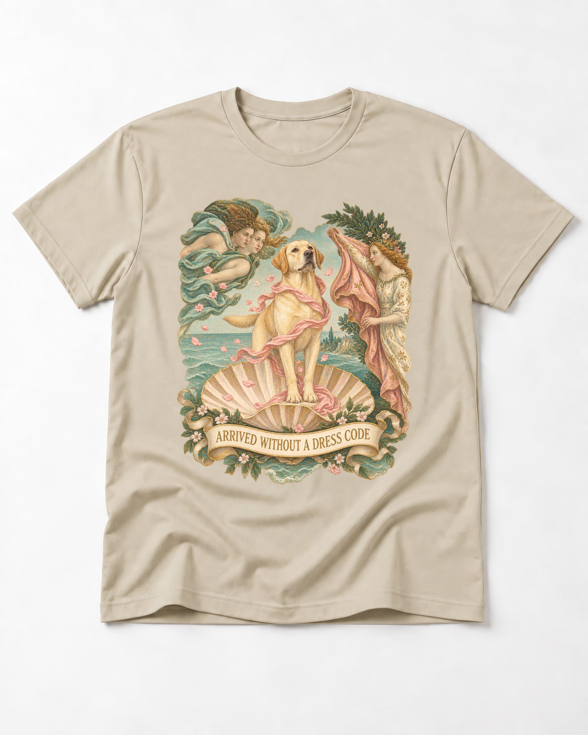 Labrador Retriever Without a Dress Code T-Shirt in Sand, flat lay product photo