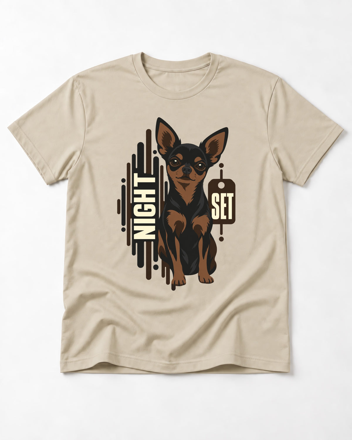 Chihuahua Night Set T-Shirt in Sand, flat lay product photo