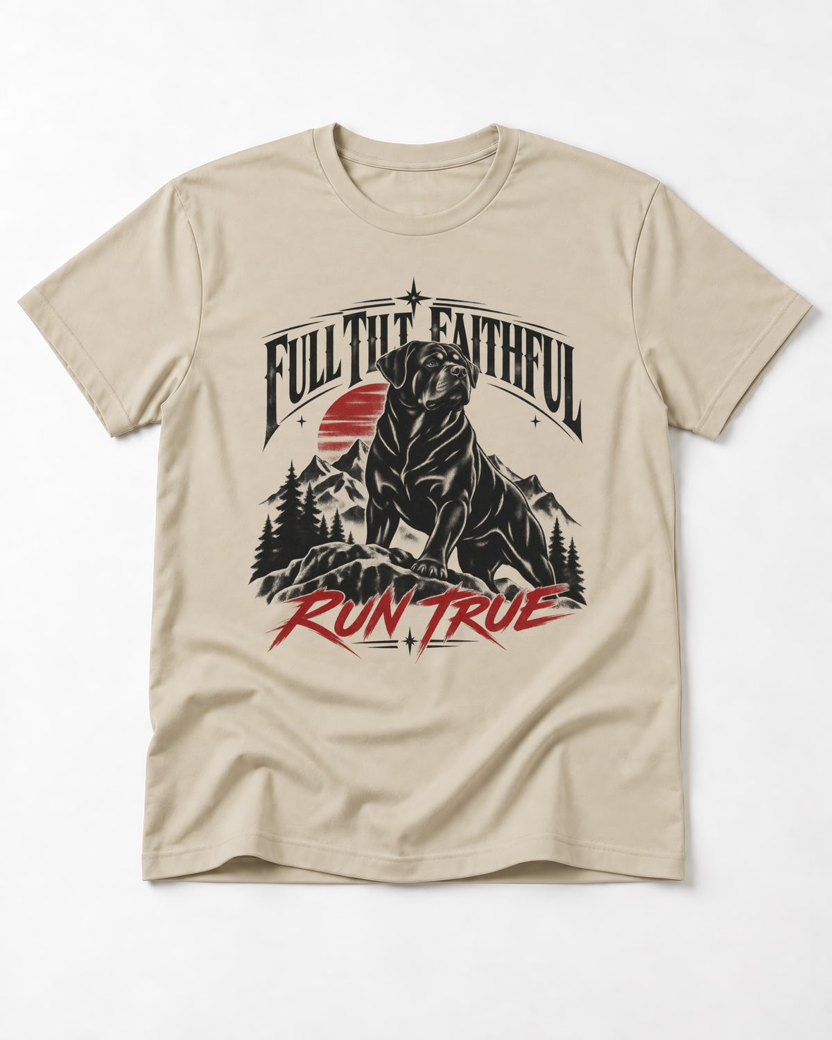 Run True Rottweiler T-Shirt in Sand, flat lay product photo