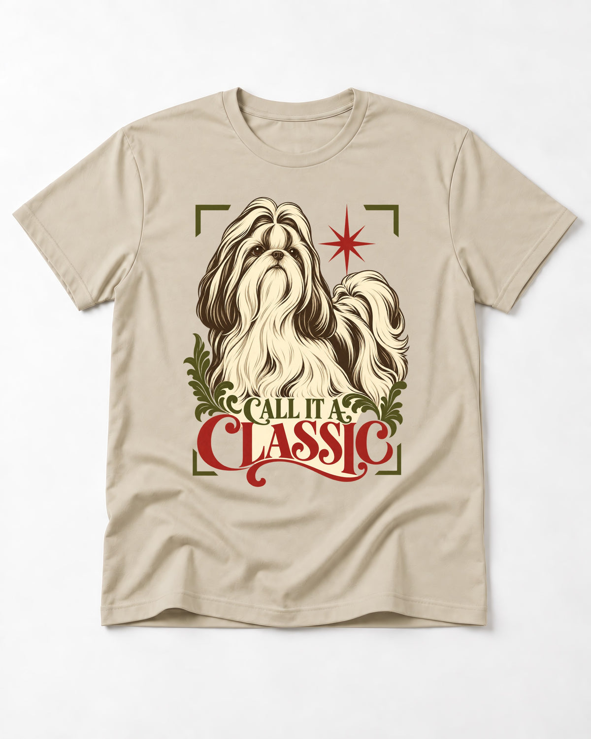 Call It a Shih Tzu Classic T-Shirt in Sand, flat lay product photo