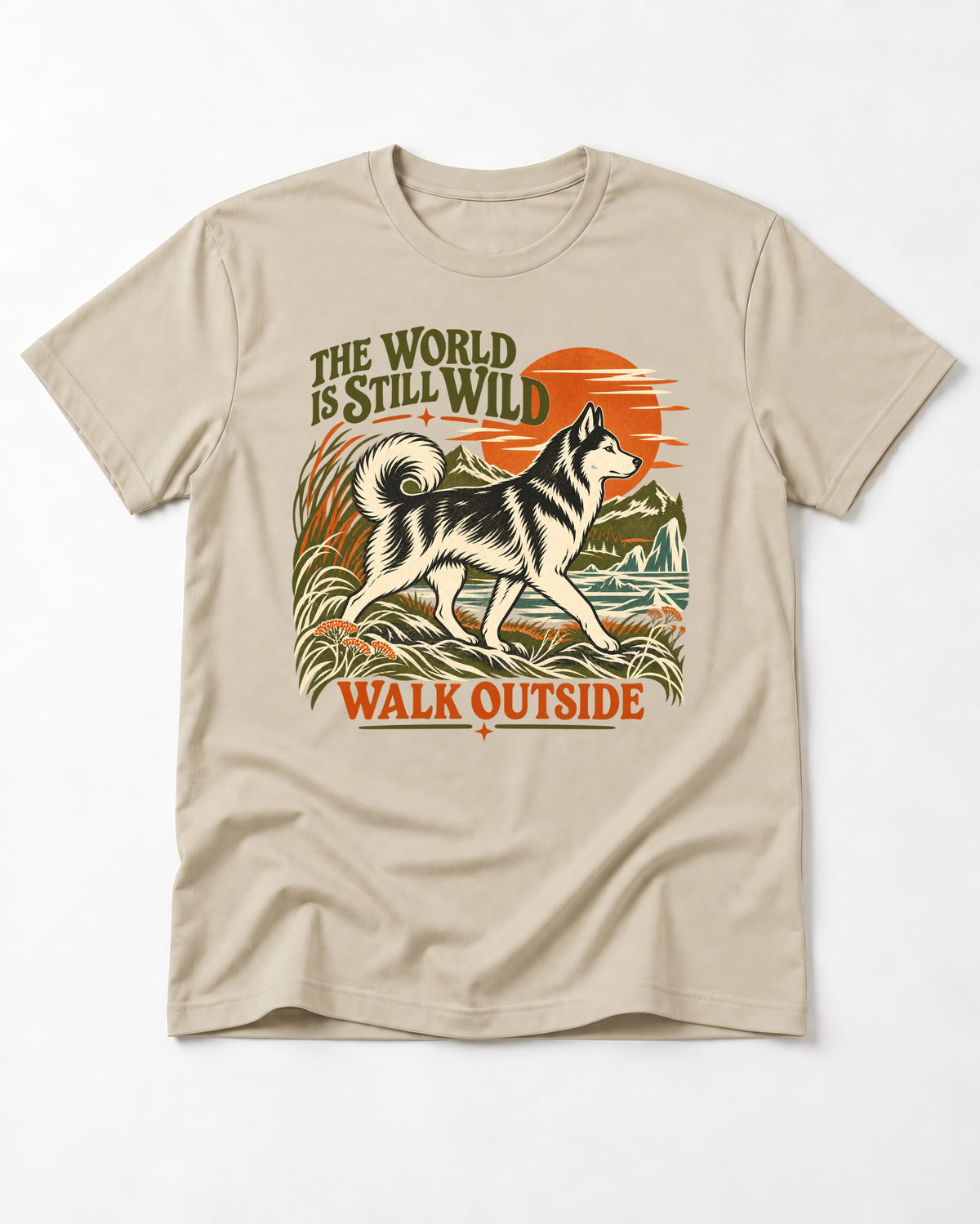 Walk Outside with Husky T-Shirt in Sand, flat lay product photo