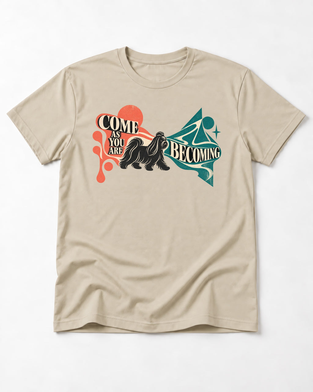 Come as You Are Shih Tzu T-Shirt in Sand, flat lay product photo