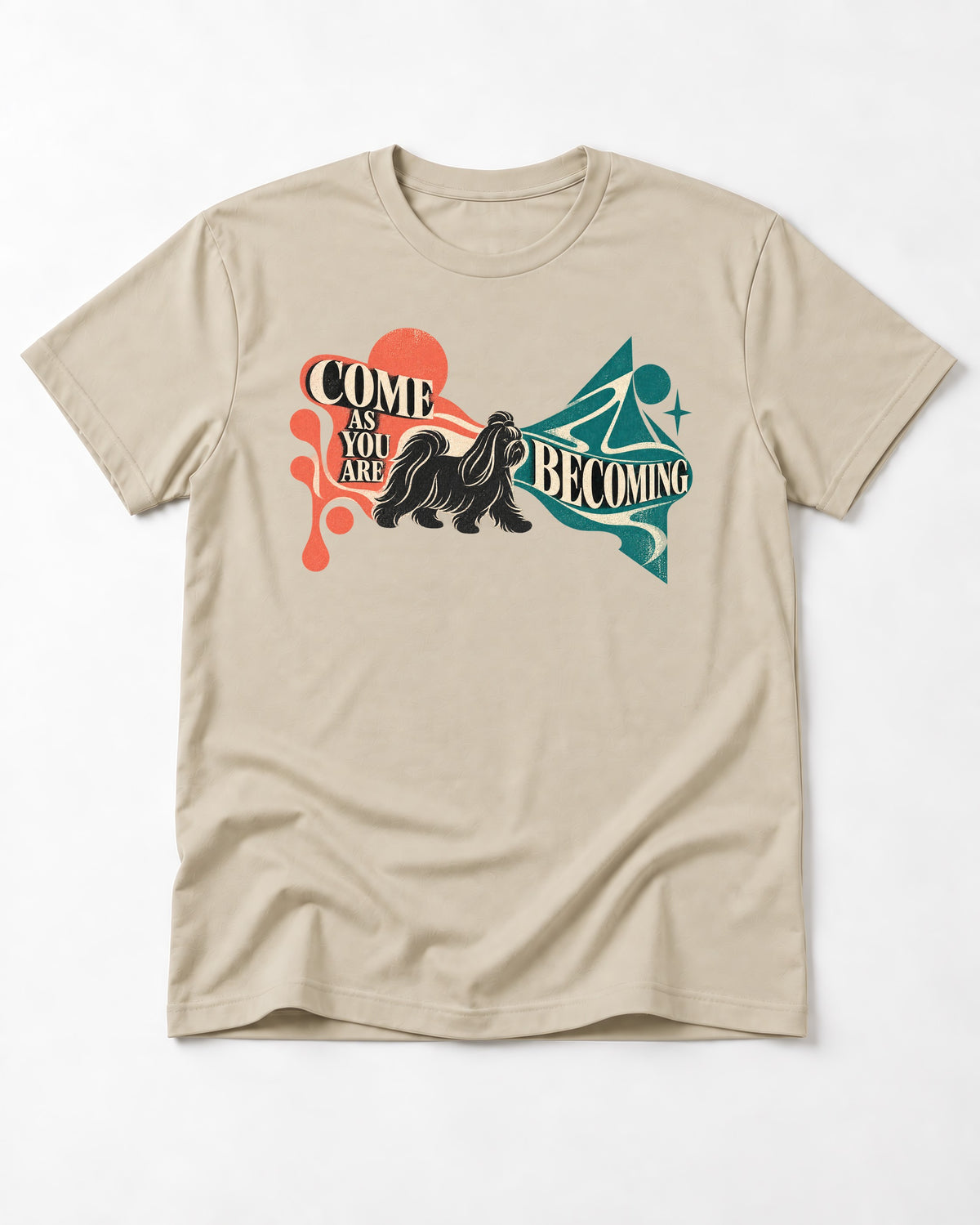 Come as You Are Shih Tzu T-Shirt in Sand, flat lay product photo