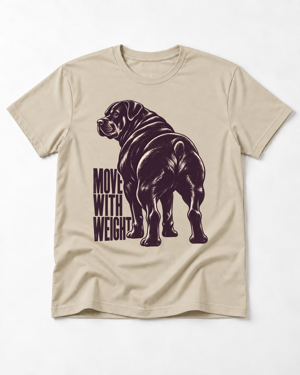 Rottweiler Moves with Weight T-Shirt in Sand, flat lay product photo