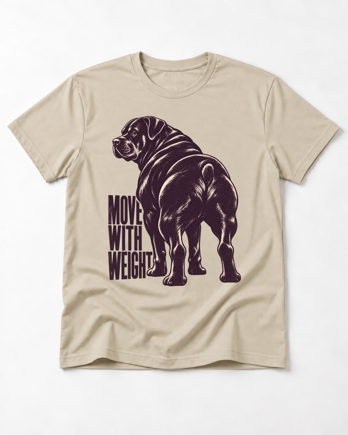 Rottweiler Moves with Weight T-Shirt in Sand, flat lay product photo