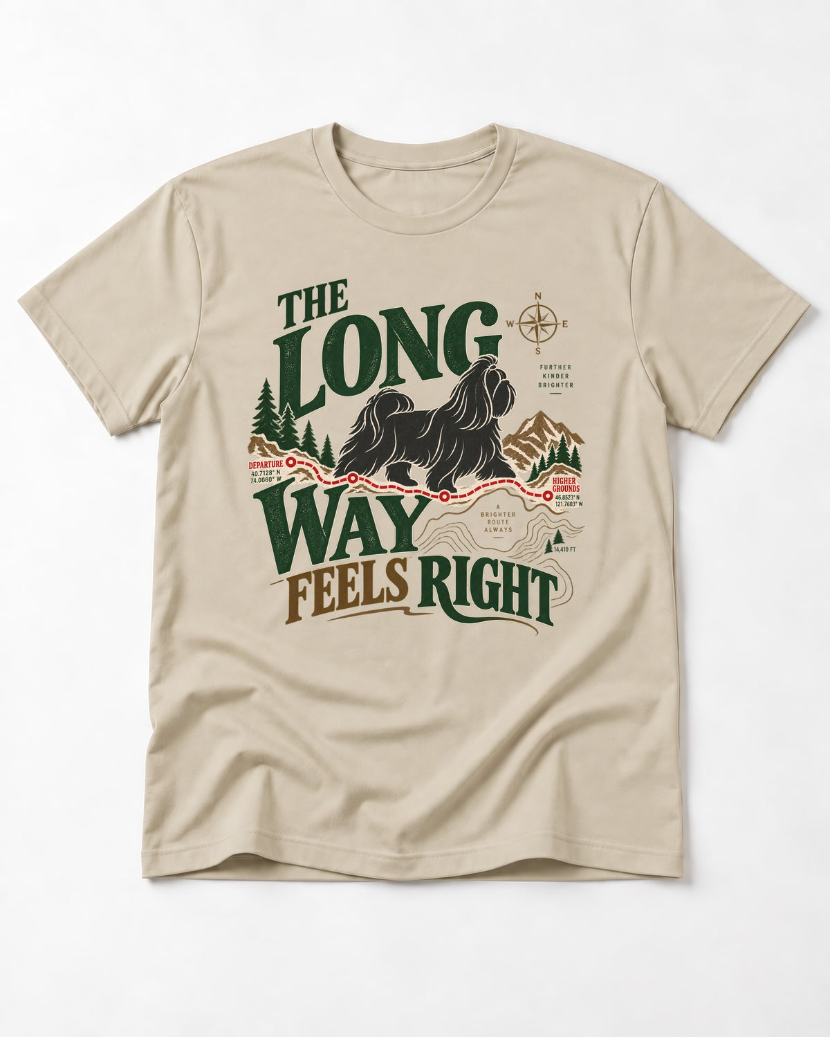 Shih Tzu Takes the Long Way T-Shirt in Sand, flat lay product photo