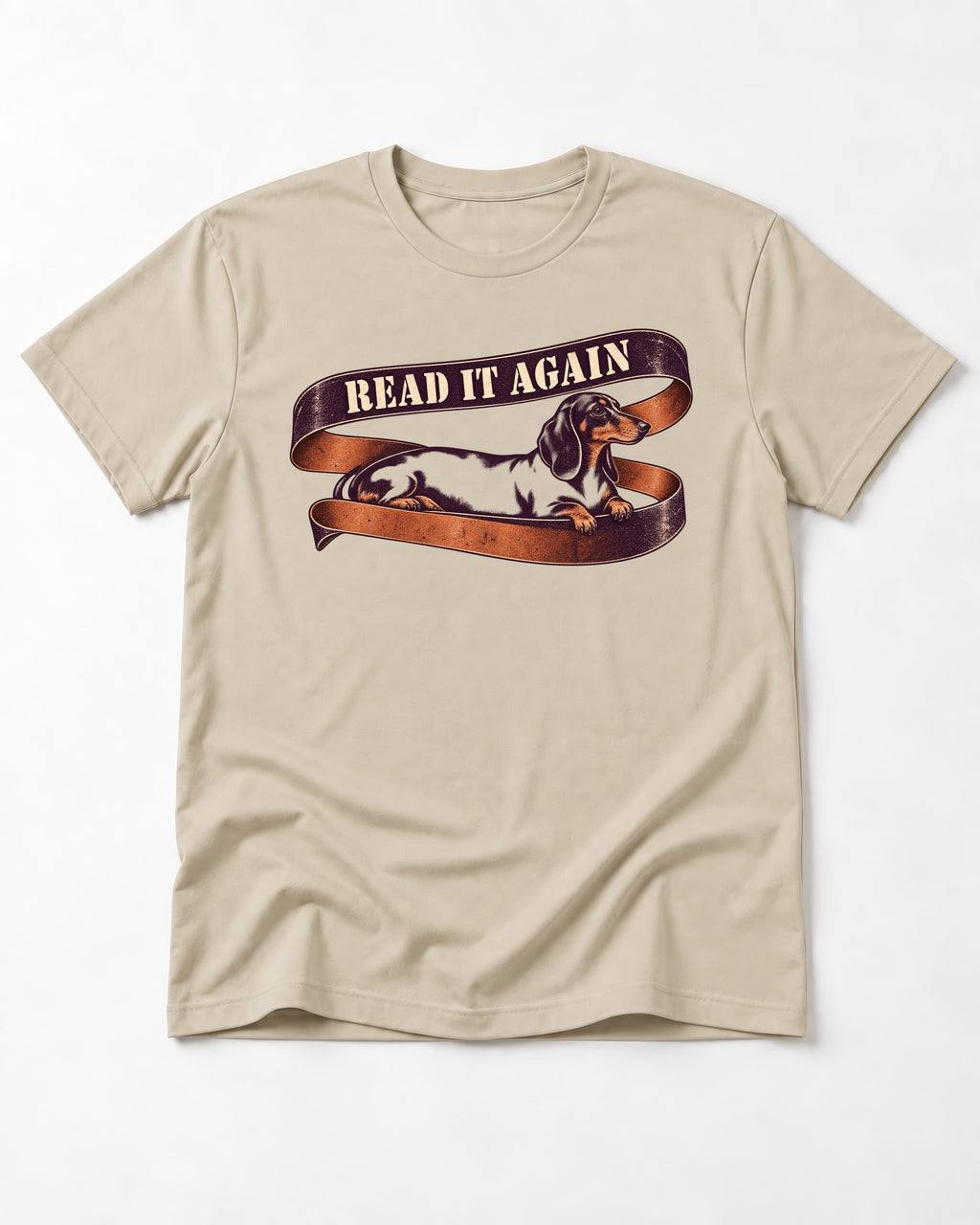 Read It Again Dachshund T-Shirt in Sand, flat lay product photo
