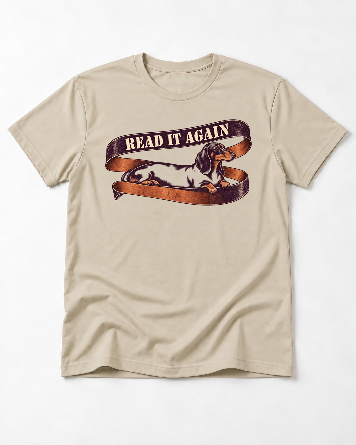 Read It Again Dachshund T-Shirt in Sand, flat lay product photo