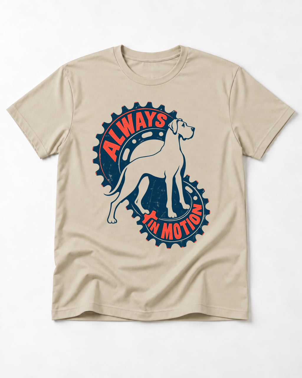 Great Dane Always in Motion T-Shirt in Sand, flat lay product photo
