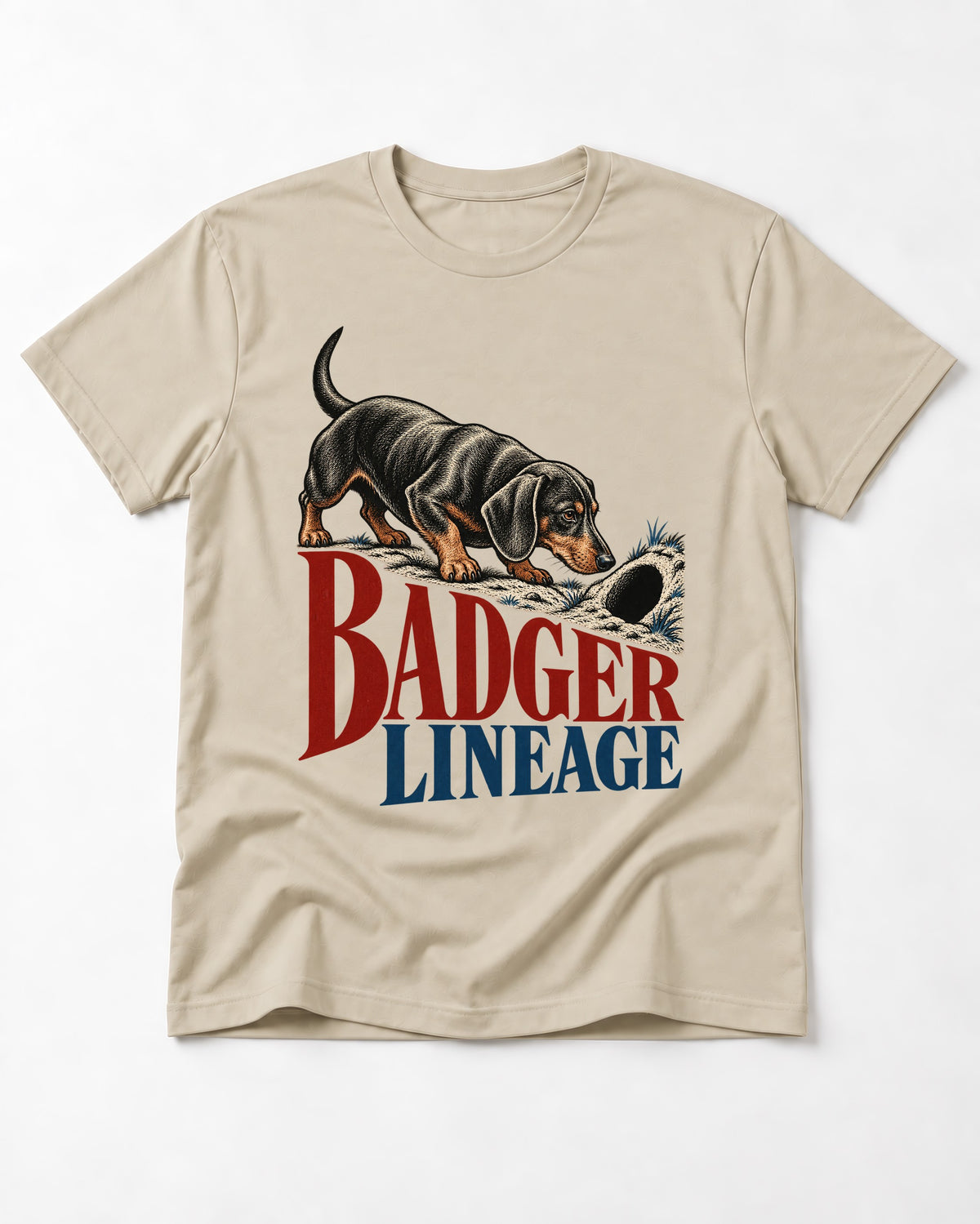 Dachshund Badger Lineage T-Shirt in Sand, flat lay product photo