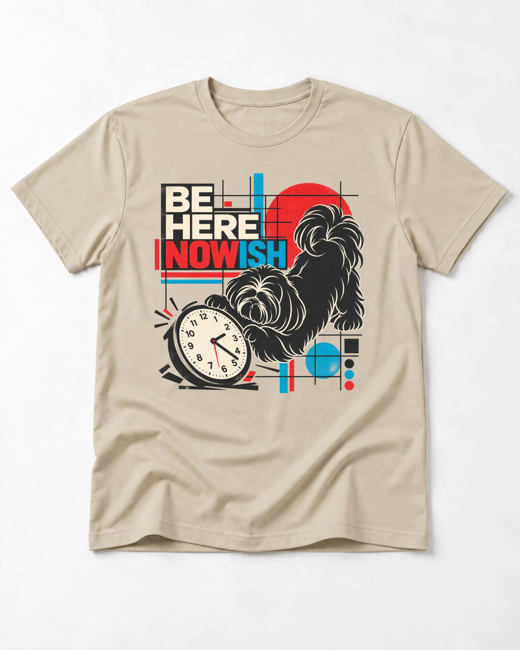 Be Here Nowish Shih Tzu T-Shirt in Sand, flat lay product photo