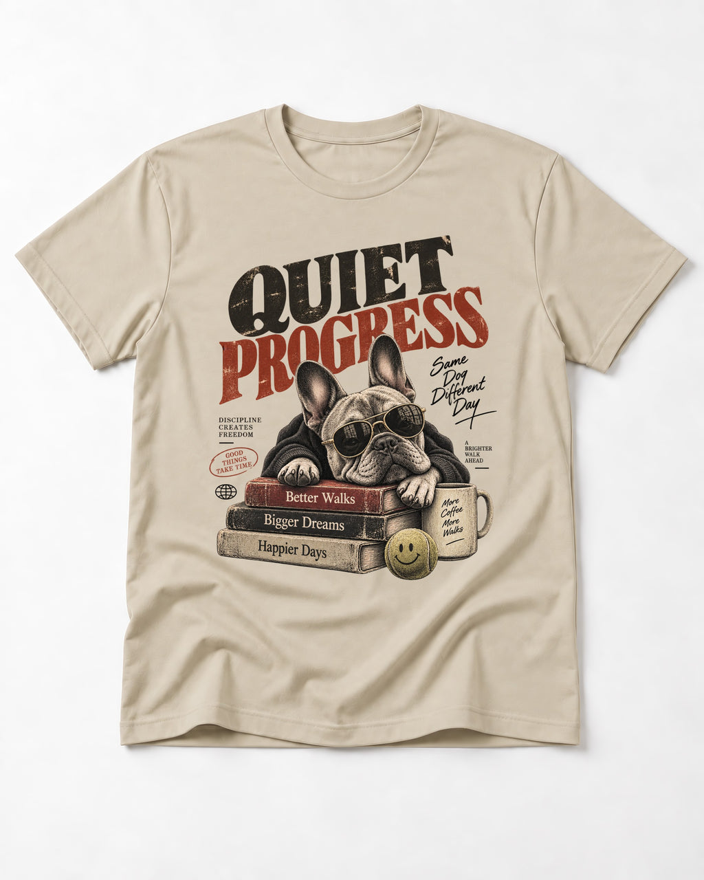 Quiet Progress Frenchie T-Shirt in Sand, flat lay product photo