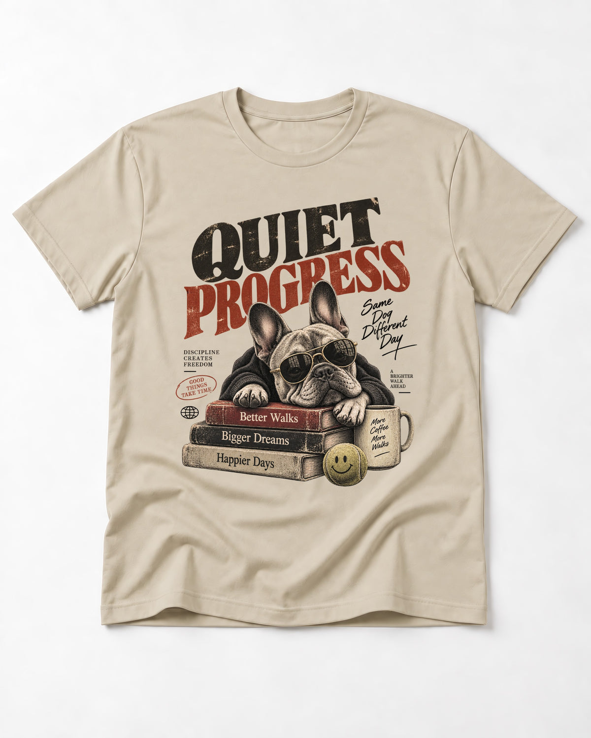 Quiet Progress Frenchie T-Shirt in Sand, flat lay product photo