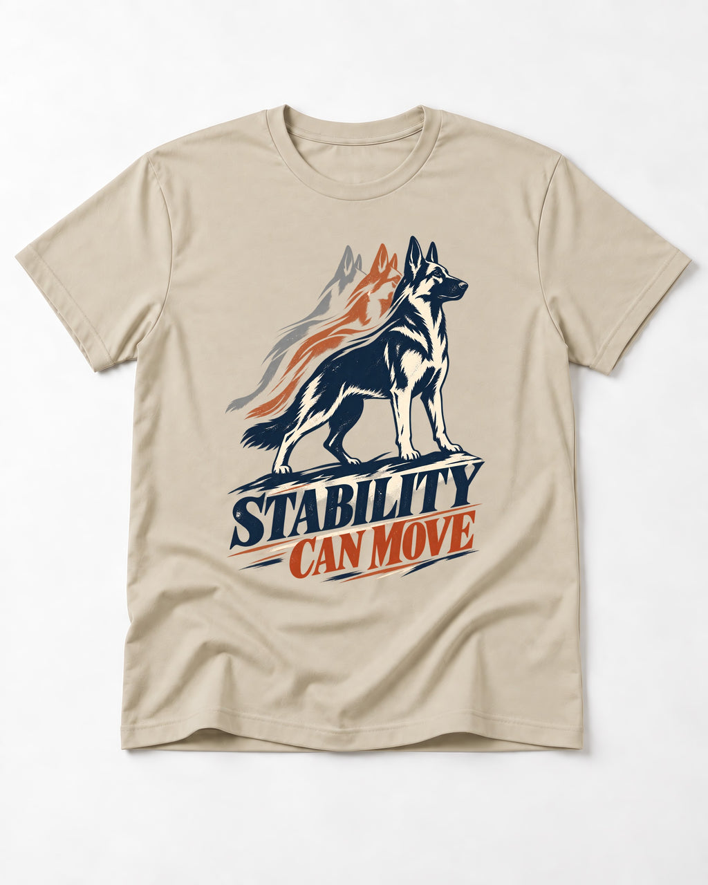 Stability Can Move German Shepherd Dog T-Shirt in Sand, flat lay product photo