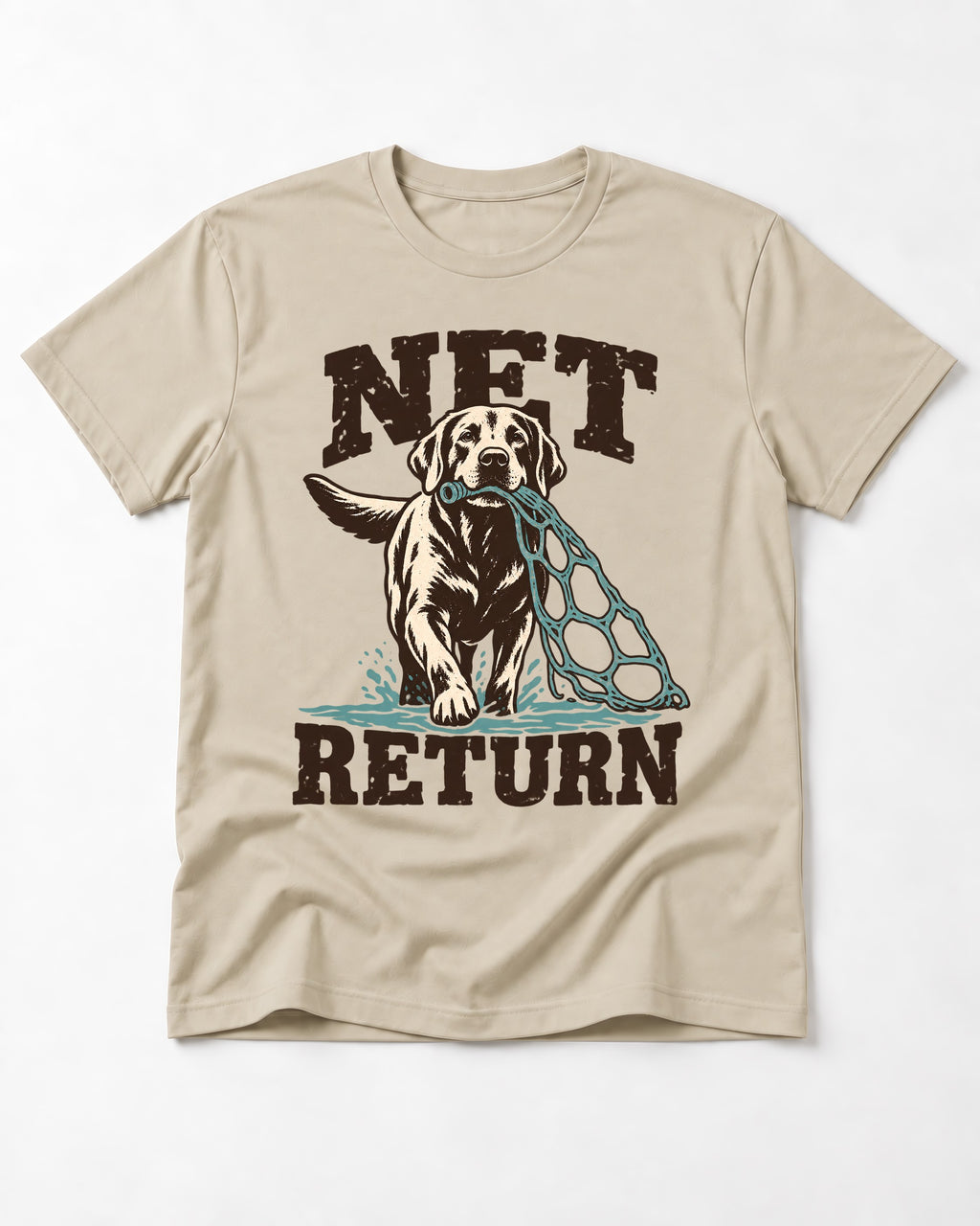 Net Return Labrador Retriever T-Shirt in Sand, flat lay product photo