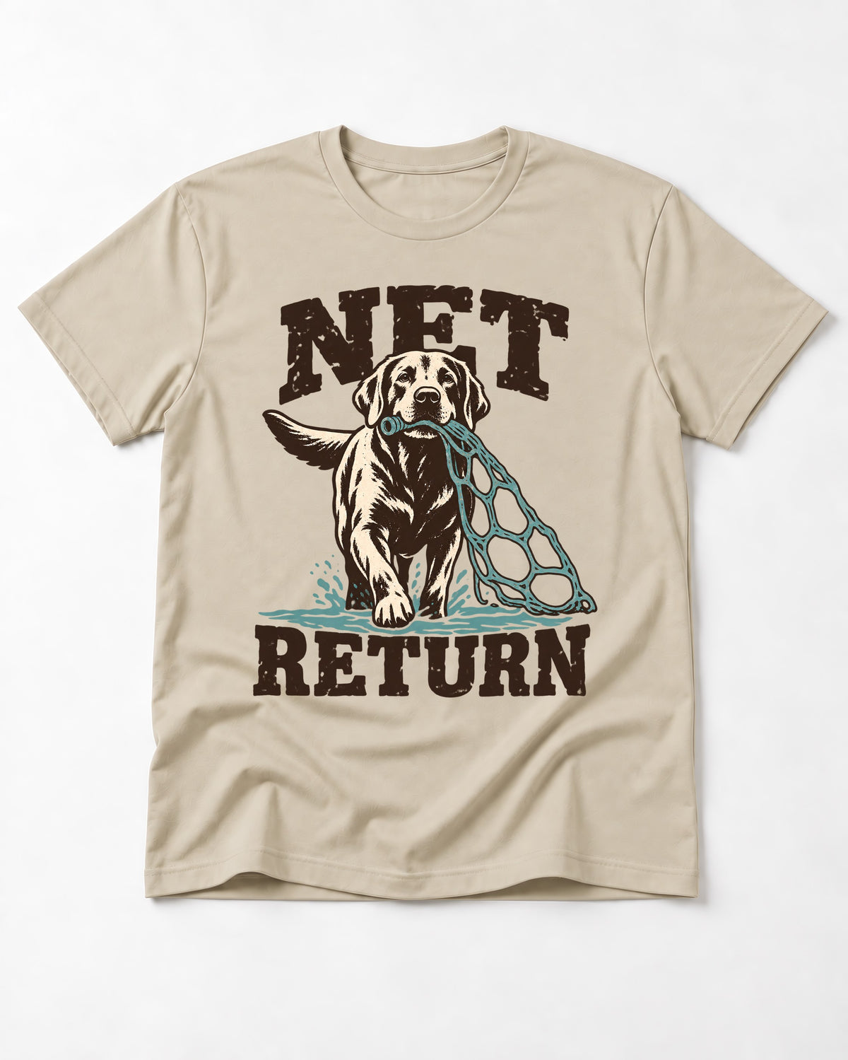 Net Return Labrador Retriever T-Shirt in Sand, flat lay product photo