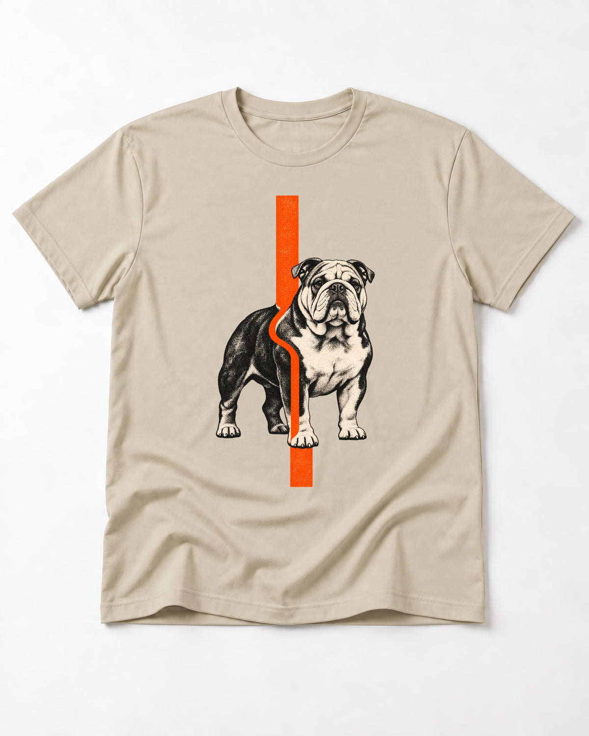 English Bulldog Quiet Strength T-Shirt in Sand, flat lay product photo