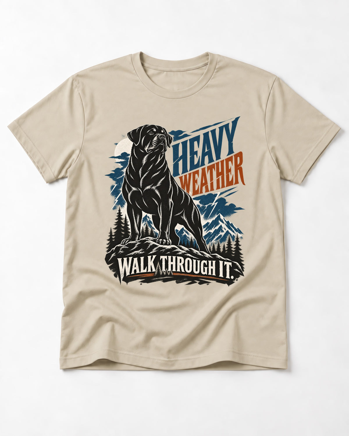 Heavy Weather Rottweiler T-Shirt in Sand, flat lay product photo