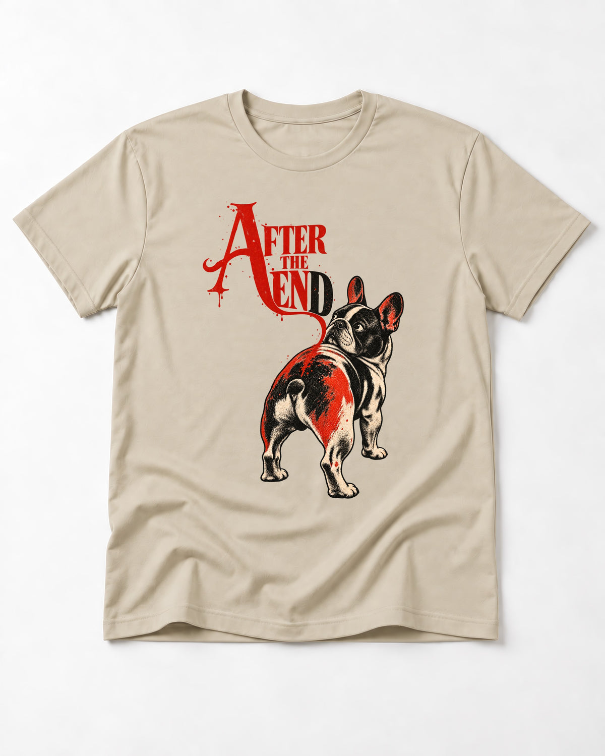 Frenchie After the End T-Shirt in Sand, flat lay product photo
