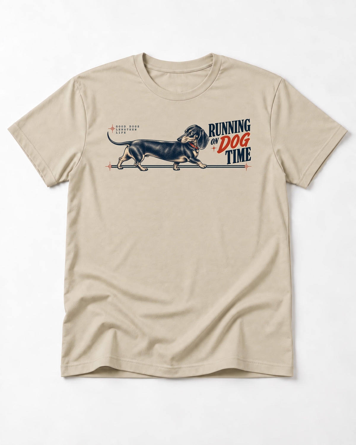 Dachshund Lengthens Life T-Shirt in Sand, flat lay product photo
