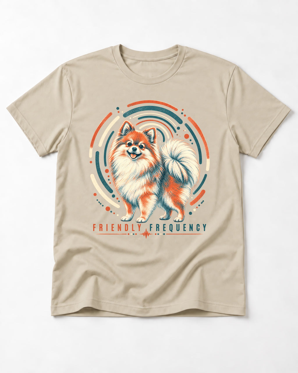 Friendly Frequency Pomeranian T-Shirt in Sand, flat lay product photo