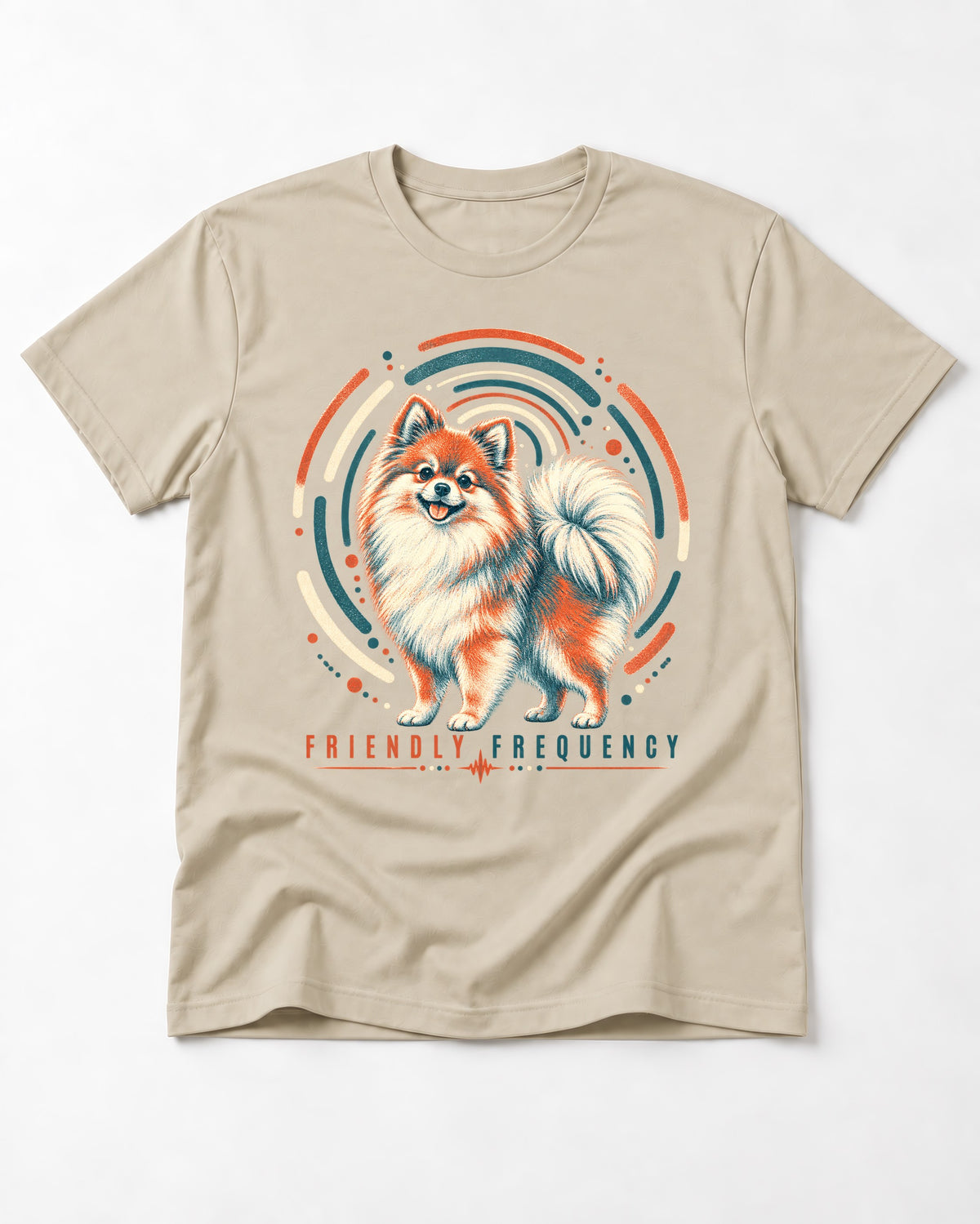 Friendly Frequency Pomeranian T-Shirt in Sand, flat lay product photo