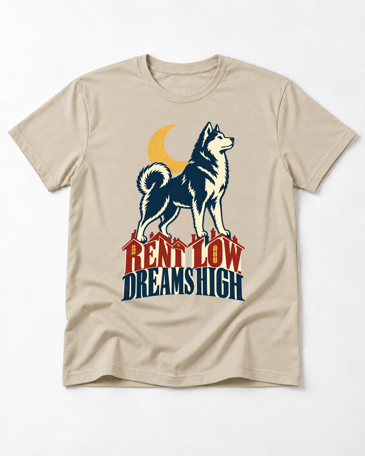 Husky Dreams High T-Shirt in Sand, flat lay product photo