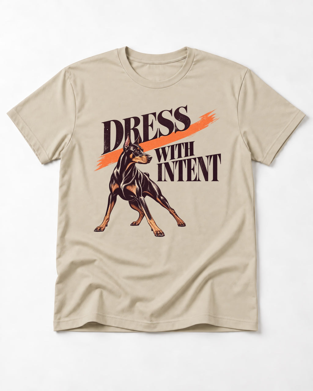 Doberman Dress with Intent T-Shirt in Sand, flat lay product photo
