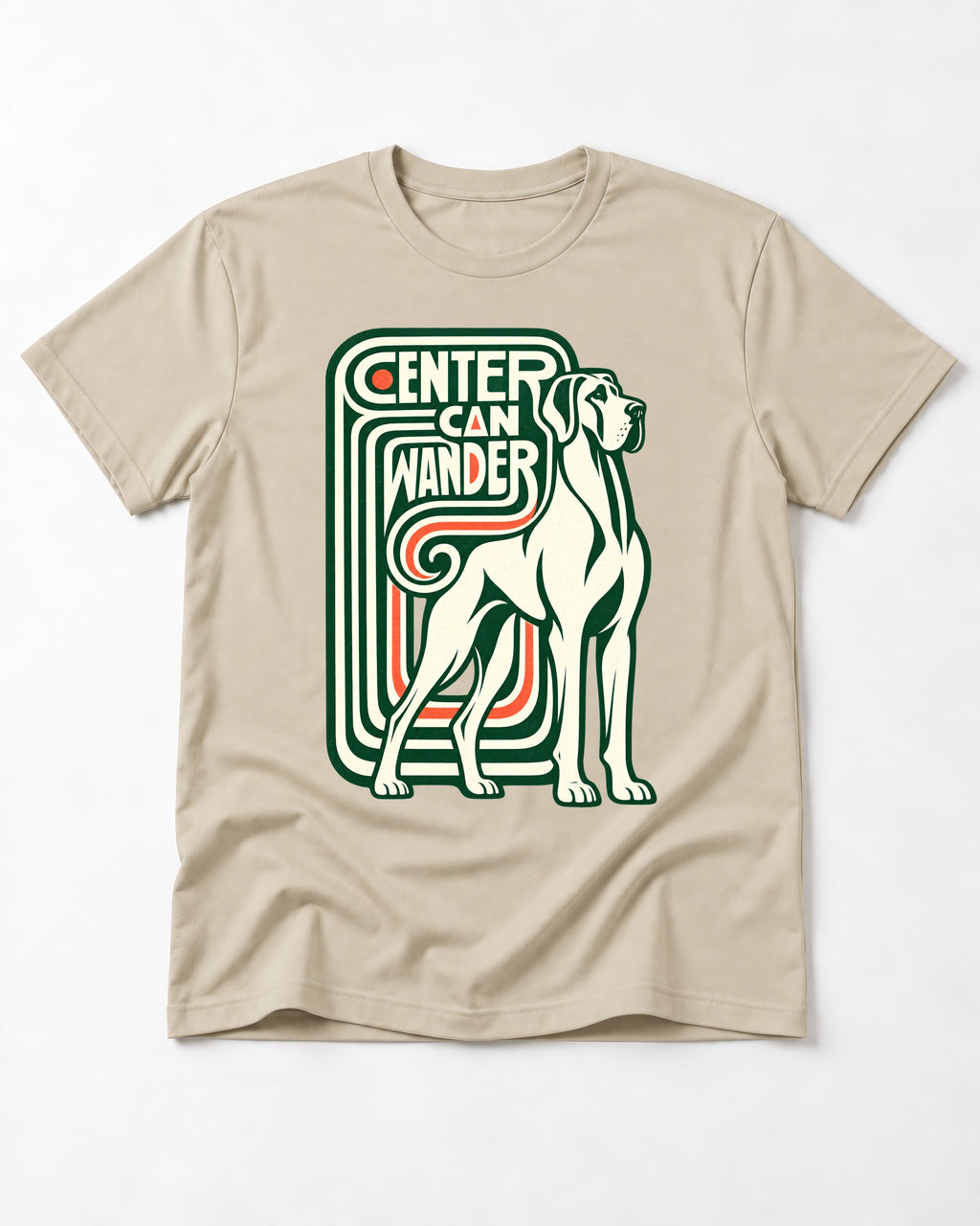 Great Dane Center Can Wander T-Shirt in Sand, flat lay product photo