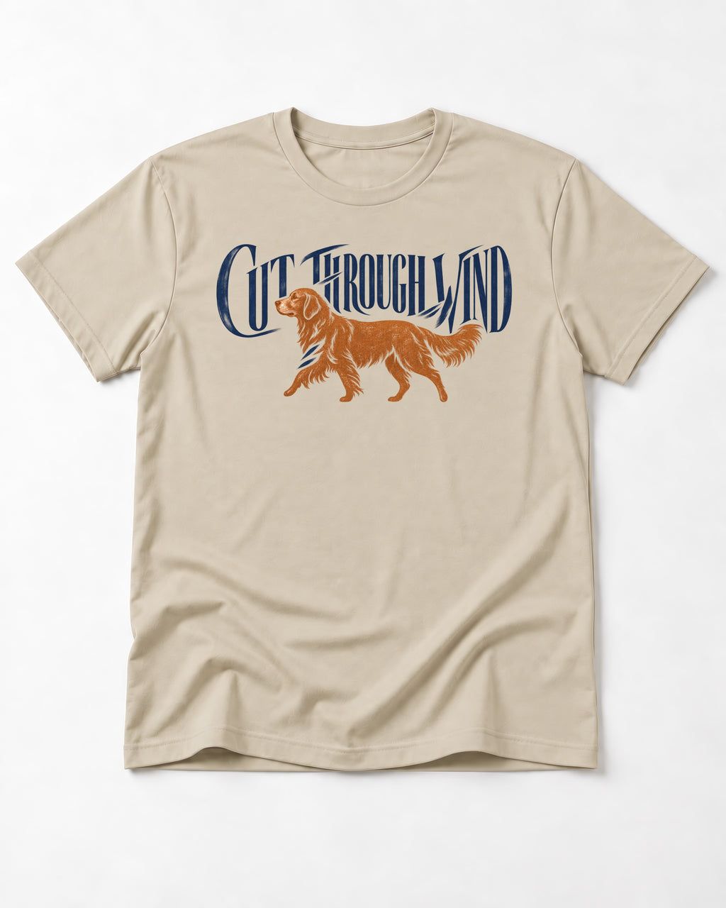 Golden Retriever Cut Through Land T-Shirt in Sand, flat lay product photo